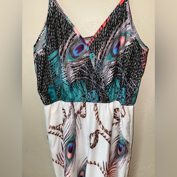 Peacock Print Jumpsuit Deep V-neck Sleeveless Spaghetti Strap Split Side Leg M - Picture 6 of 12